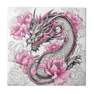 Azulejo De Cerâmica Dragão Oriental com Flores Rosa Vibrantes