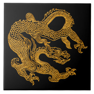 Azulejo De Cerâmica Dragão oriental dourado 01