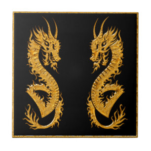 Azulejo De Cerâmica Dragão oriental dourado 02