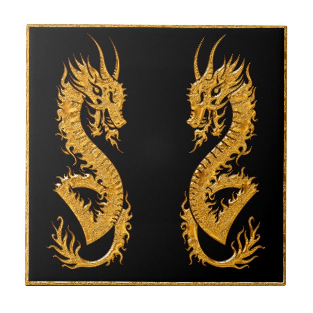 Azulejo De Cerâmica Dragão oriental dourado 02 (Frente)