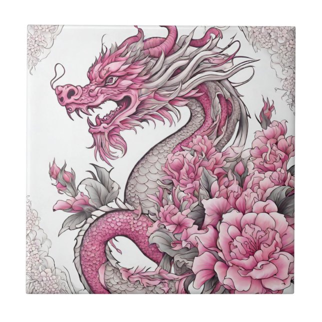 Azulejo De Cerâmica Dragão Oriental e Flores Rosa (Frente)