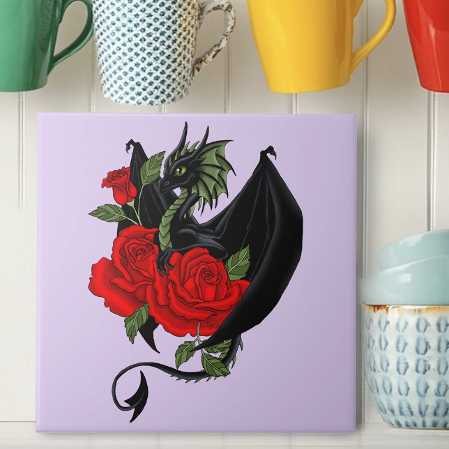 Azulejo De Cerâmica Dragão Preto Místico Rosas Vermelhas Lavanda Gótic (Criador carregado)