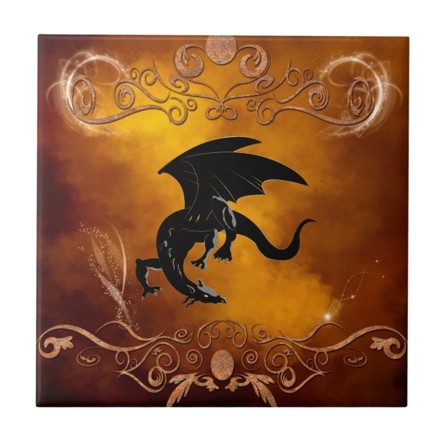Azulejo De Cerâmica Dragão preto no céu (Frente)