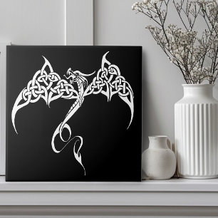 Azulejo De Cerâmica Dragão Tribal Celta com Entrelaçamento Preto Branc