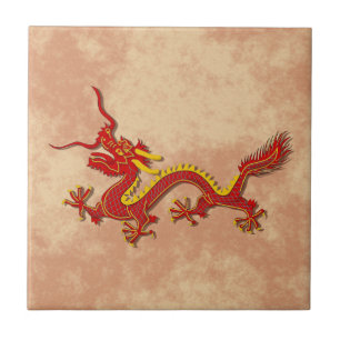 Azulejo De Cerâmica Dragão vermelho e Dourado chinês que cozinha o