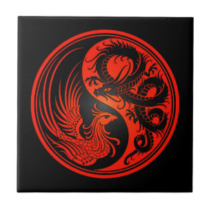 Azulejo De Cerâmica Dragão vermelho e preto Phoenix Yin Yang