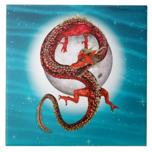 Azulejo De Cerâmica Dragão Vermelho Oriental - Criatura de Fantasia Mí