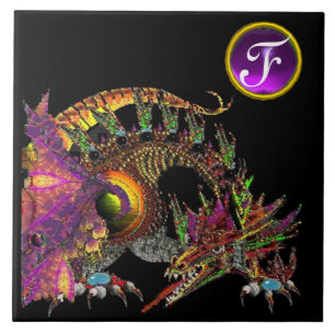AZULEJO DE CERÂMICA DRAGO,DRAGÃO FANTASY,MONOGRAMA GEMSTONE PURPER