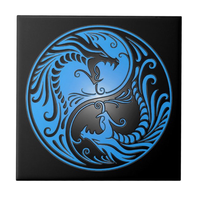 Azulejo De Cerâmica Dragões, azul e preto de Yin Yang (Frente)