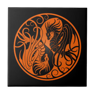 Azulejo De Cerâmica Dragões de voo alaranjados e pretos de Yin Yang