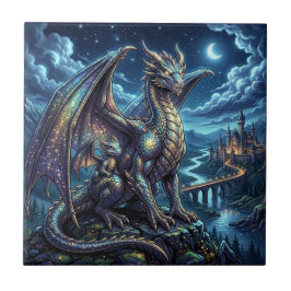 Azulejo De Cerâmica Dragões Pai e Filho Celestiais ao Luar  