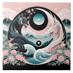 Azulejo De Cerâmica Dragon Floral Mountain Pink Sage Teal