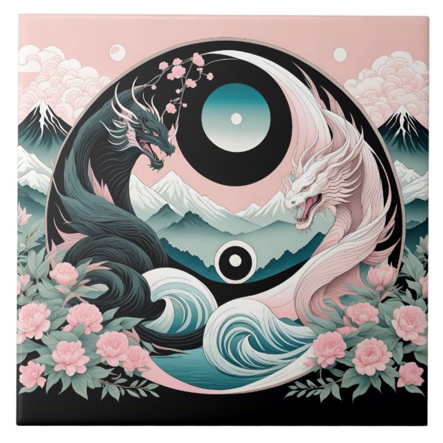 Azulejo De Cerâmica Dragon Floral Mountain Pink Sage Teal (Frente)