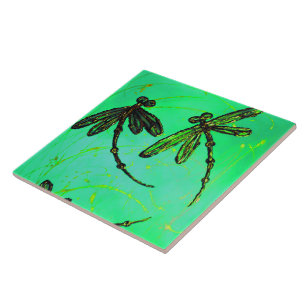 Azulejo De Cerâmica Dragonflies Grelha Verde Grelha Turquesa
