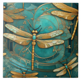 Azulejo De Cerâmica Dragonfly Art Nouveau Art Deco Teal & Dourados Ins