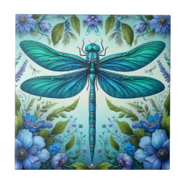 Azulejo De Cerâmica Dragonfly azul com flores