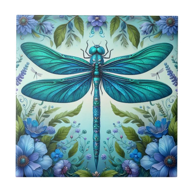 Azulejo De Cerâmica Dragonfly azul com flores (Frente)
