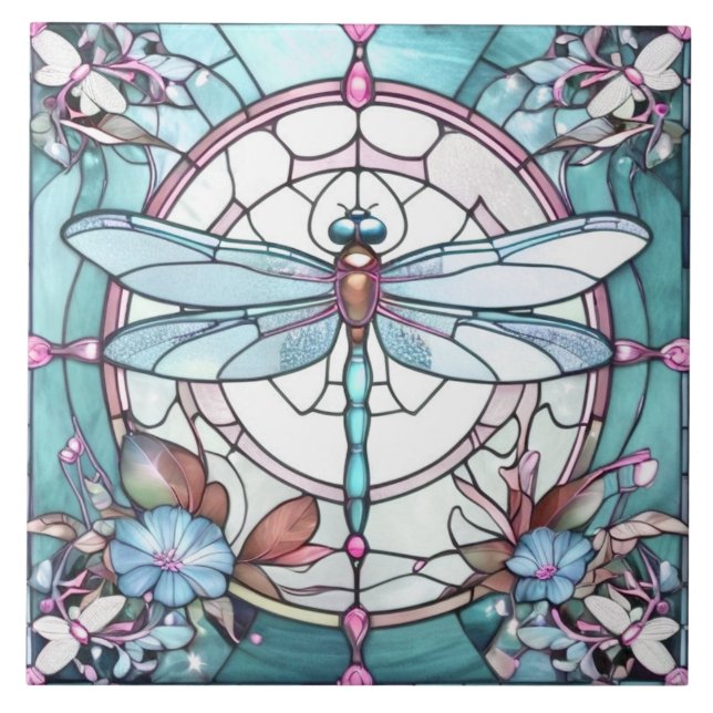 Azulejo De Cerâmica Dragonfly Azul e Vidro Branco Manchado (Frente)