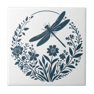 Azulejo De Cerâmica Dragonfly da Silhueta Retroativa com Flores