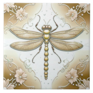 Azulejo De Cerâmica Dragonfly Dourada e White Flower Art Tan Brown