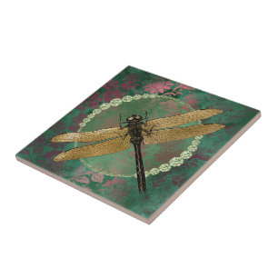 Azulejo De Cerâmica Dragonfly Dourada em Verde com Rhinestones