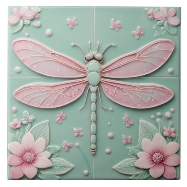 Azulejo De Cerâmica Dragonfly e Flores Meninas e Rosa Girly Floral (Frente)