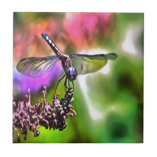 Azulejo De Cerâmica Dragonfly em pintura realística verde e azul