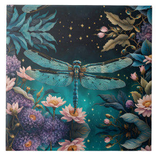 Azulejo De Cerâmica Dragonfly em um jardim floral à noite