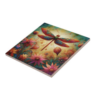 Azulejo De Cerâmica Dragonfly Floral Abstrato-Art Teal Rosa