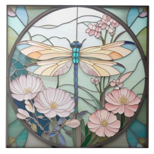 Azulejo De Cerâmica Dragonfly Japonesa Stainha Glass Art Deco Nouveau (Frente)