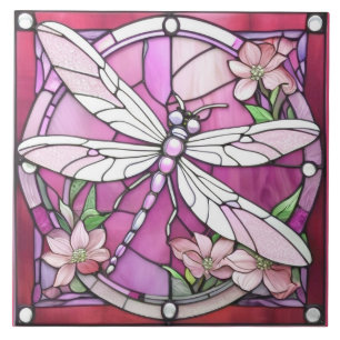 Azulejo De Cerâmica Dragonfly Magenta, rosa e vidro branco manchado