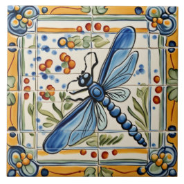 Azulejo De Cerâmica Dragonfly Mediterrânica Insect Yellow & Blue Folk