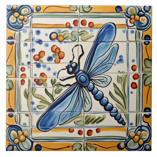 Azulejo De Cerâmica Dragonfly Mediterrânica Insect Yellow & Blue Folk (Frente)