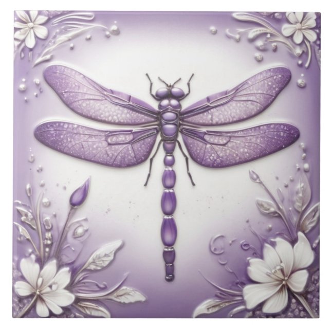 Azulejo De Cerâmica Dragonfly Roxo e Arte Floral Branca (Frente)