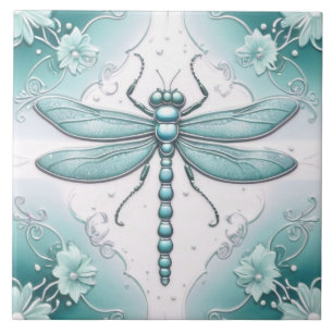 Azulejo De Cerâmica Dragonfly Turquoise e White Flower Art Teto