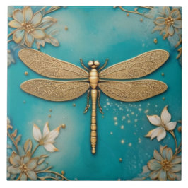 Azulejo De Cerâmica Dragonfly Turquoise Teal & Dourado Faux Alivio Asi