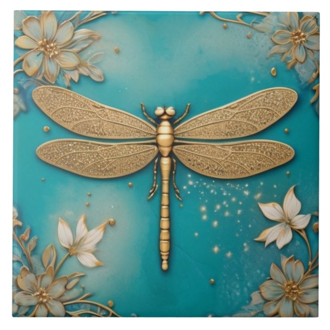 Azulejo De Cerâmica Dragonfly Turquoise Teal & Dourado Faux Alivio Asi (Frente)