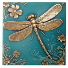 Azulejo De Cerâmica Dragonfly Turquoise Teal & Faux Dourado Faux Alivi