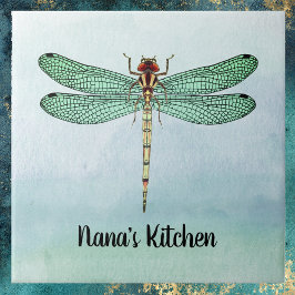 Azulejo De Cerâmica Dragonfly Verde Vintage Dourada em Blue Watercolor