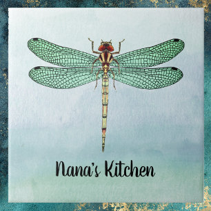 Azulejo De Cerâmica Dragonfly Verde Vintage Dourada em Blue Watercolor