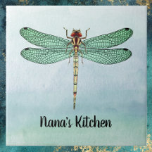 Dragonfly Verde Vintage Dourada em Blue Watercolor