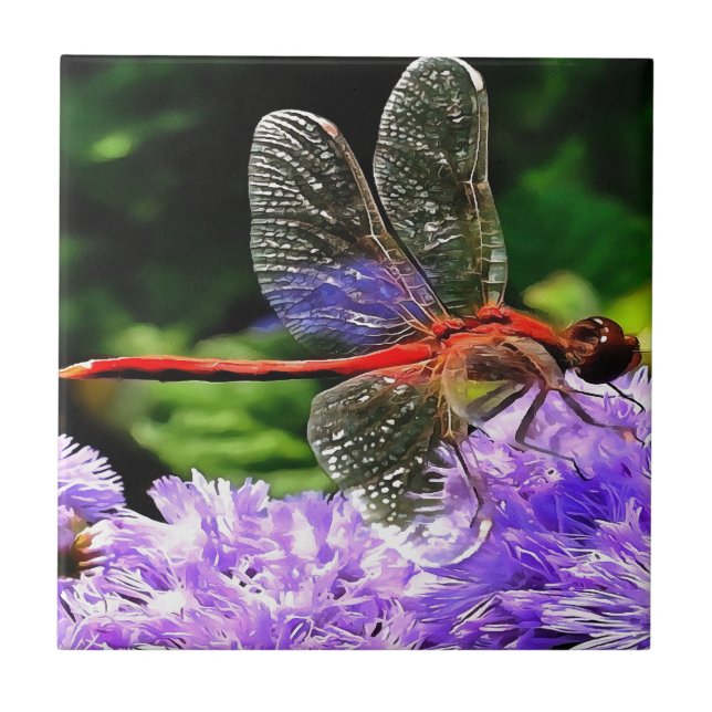 Azulejo De Cerâmica Dragonfly Vermelha em Flores Violetas Roxos (Frente)