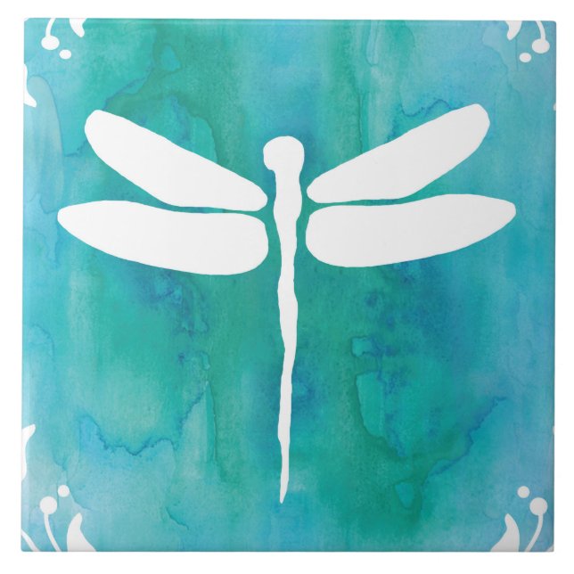 Azulejo De Cerâmica Dragonfly Watercolor White Aqua Blue Dragonlies (Frente)