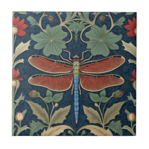 Azulejo De Cerâmica Dragonfly William Morris estilo Blue & Red Floral