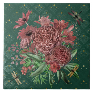 Azulejo De Cerâmica Dragonistas Florais Verdes Rosa Vintage