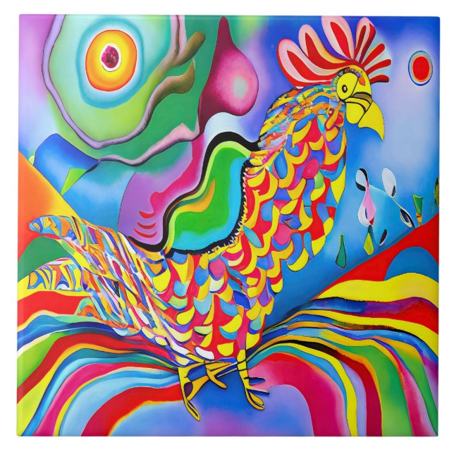 Azulejo De Cerâmica "Dreamscape Bird". Um cockerel surreal de abstrato (Frente)