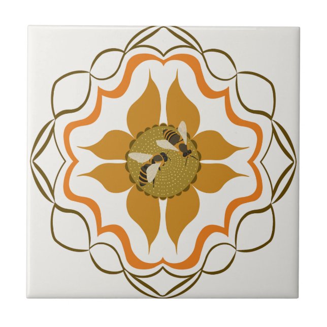 Azulejo De Cerâmica Duas Abelhas De Mel Sentadas Na Flor Amarela (Frente)