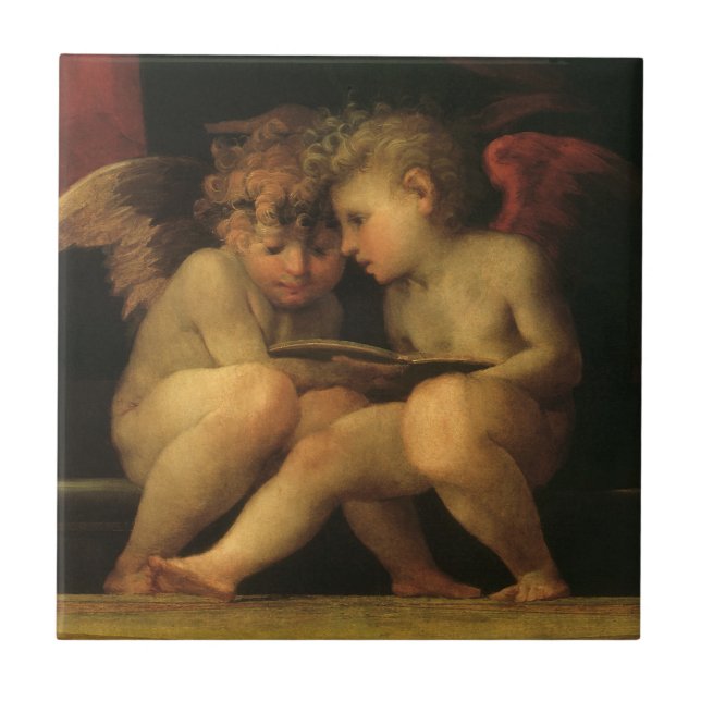Azulejo De Cerâmica Duas Cherubs Lendo por Rosso Fiorentino, Angels (Frente)