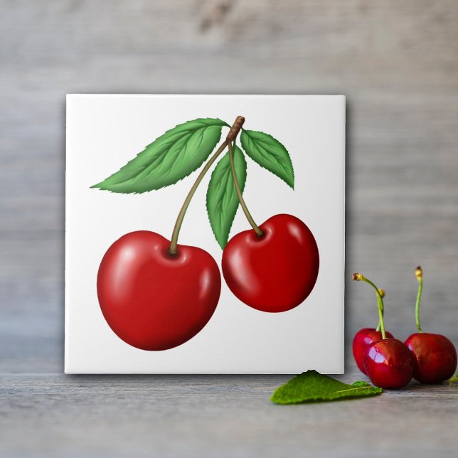 Azulejo De Cerâmica Duas Frutas Red Cherries (Cherry ceramic tile, in 2 sizes great for kitchen walls! Or order with optional frame for decoration)