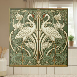 Azulejo De Cerâmica Duas Grous Art Nouveau Pat#10 Oliva Marfim ID1193